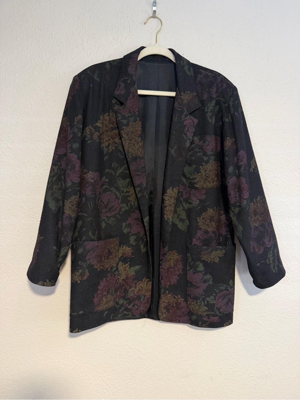 Massimo Black Floral wool Blazer with Subdued Purple & Green Accents